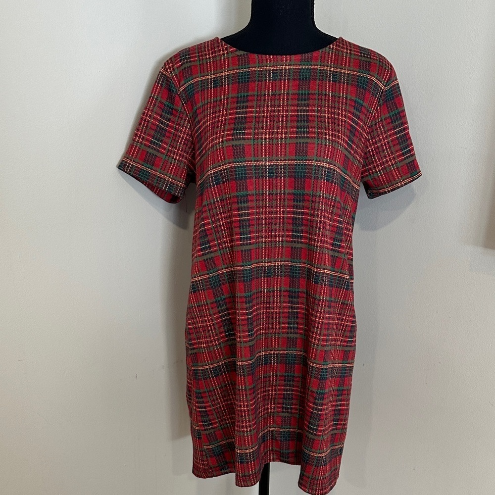 *PULL&BEAR* Red Plaid Mini Short Sleeve Dress Size Large